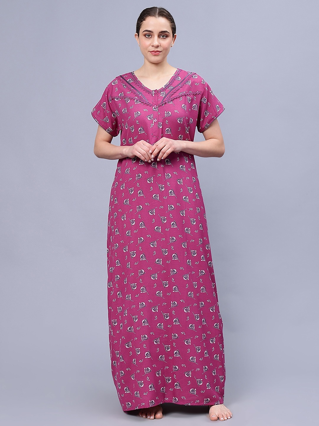 

NIGHTSPREE Floral Printed Pure Cotton Maxi Nightdress, Pink