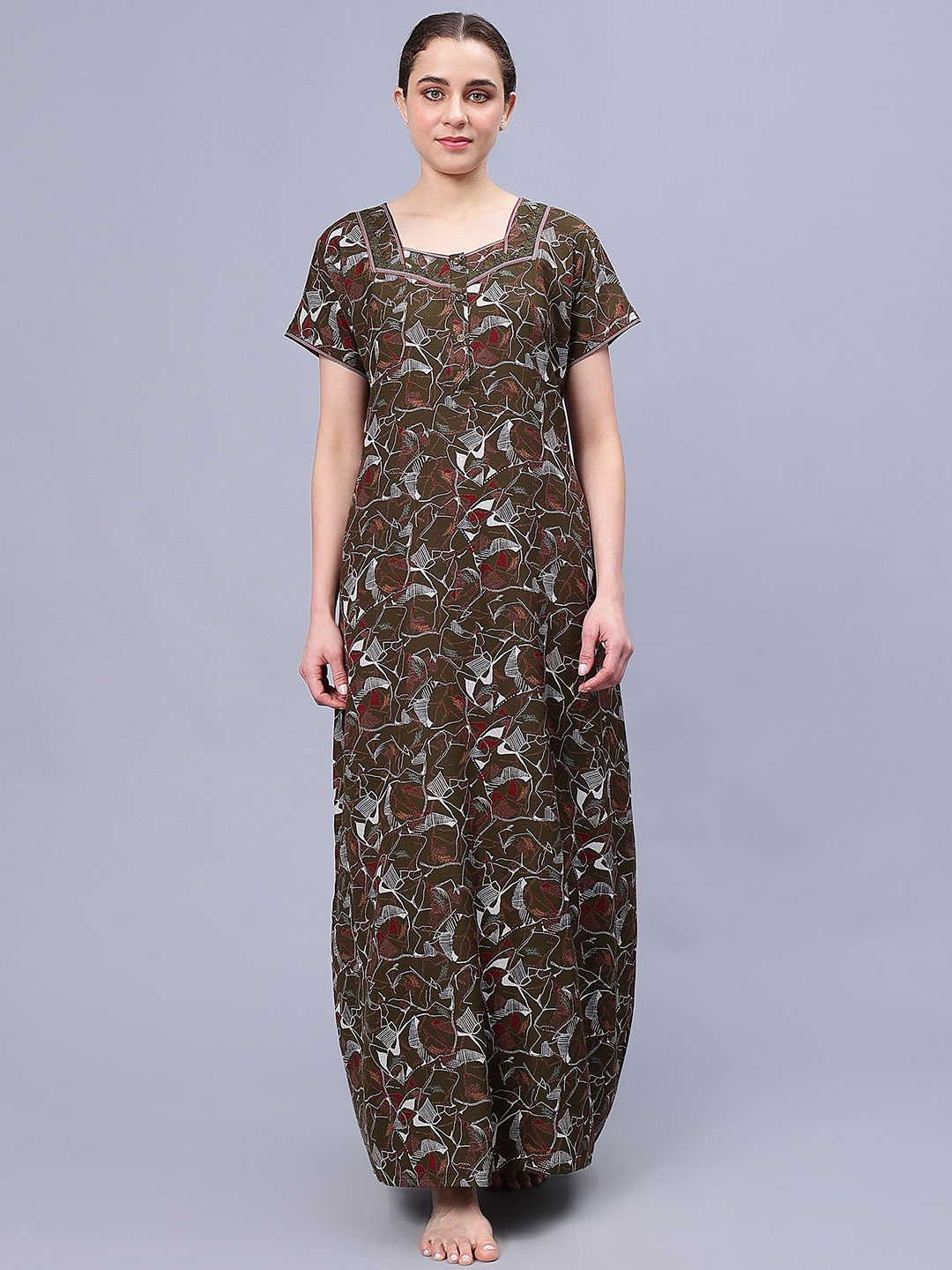 

NIGHTSPREE Floral Printed Maxi Pure Cotton Nightdress, Green