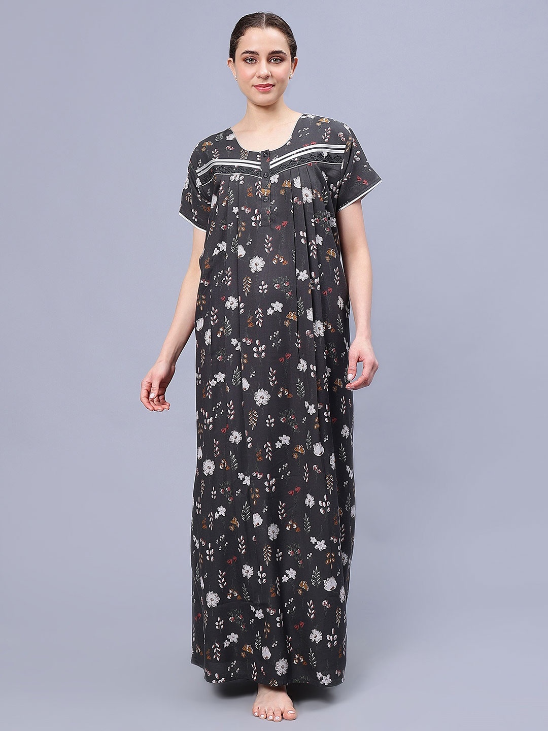 

NIGHTSPREE Floral Printed Pure Cotton Maxi Nightdress, Grey