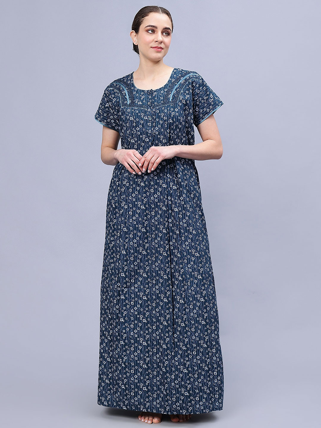 

NIGHTSPREE Floral Printed Pure Cotton Maxi Nightdress, Blue