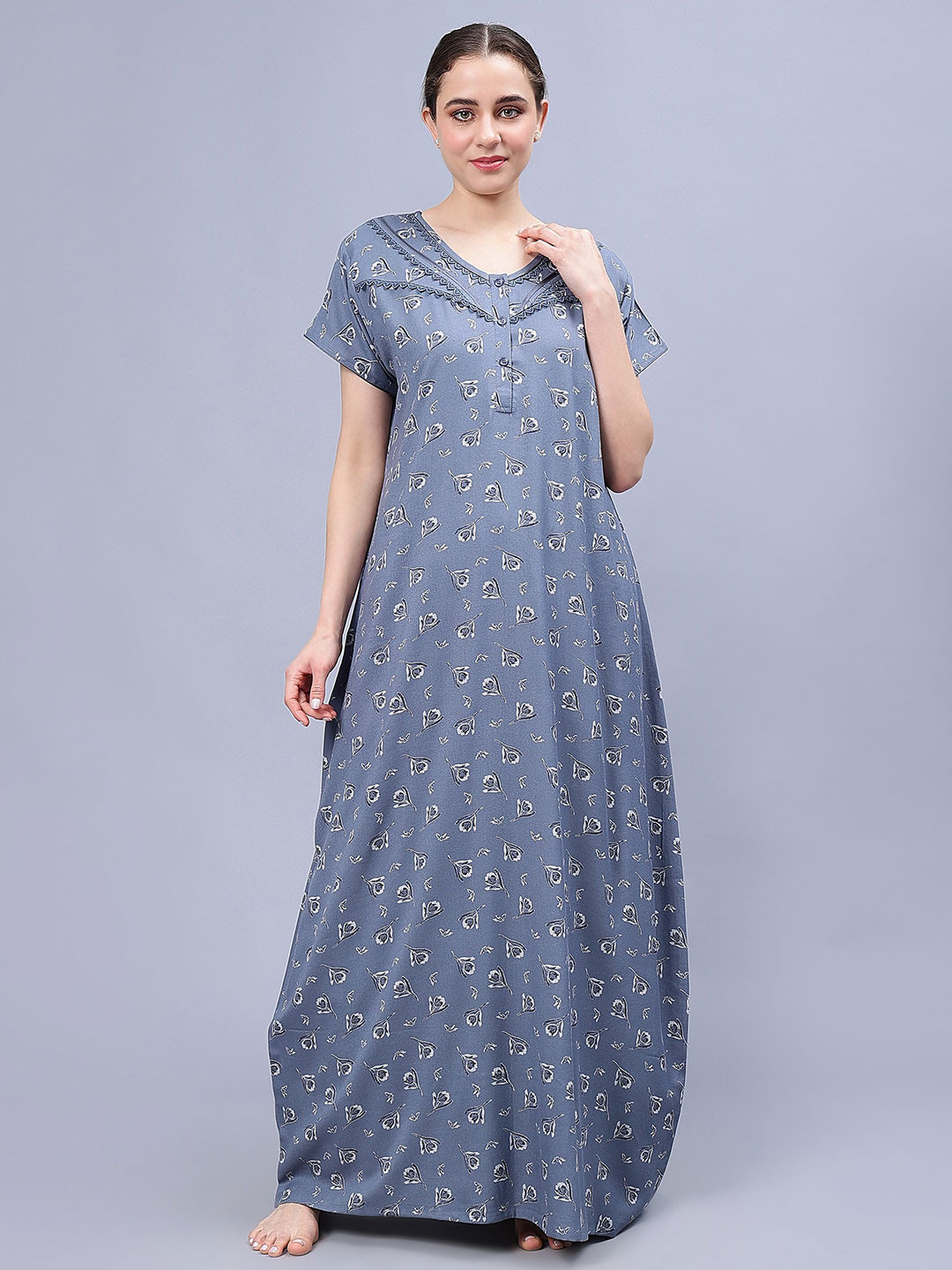 

NIGHTSPREE Floral Printed Pure Cotton Maxi Nightdress, Grey