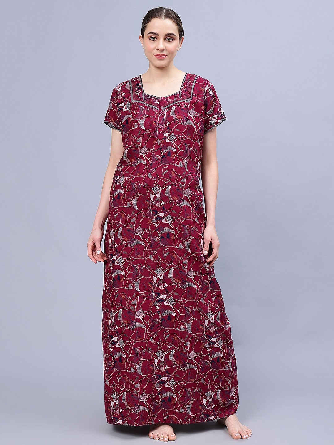 

NIGHTSPREE Abstract Printed Pure Cotton Maxi Nightdress, Maroon
