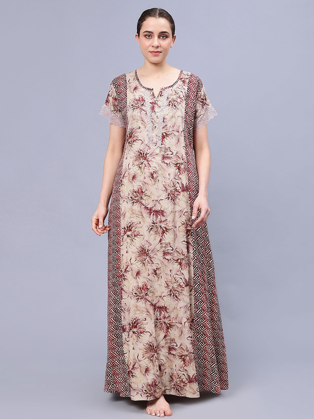 

NIGHTSPREE Floral Printed Maxi Nightdress, Maroon