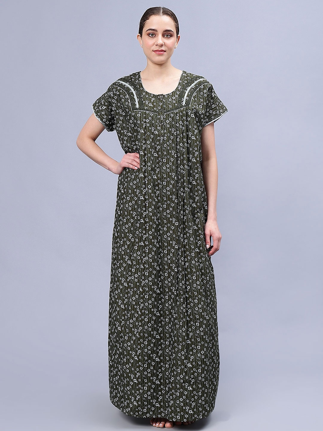 

NIGHTSPREE Floral Printed Pure Cotton Maxi Nightdress, Green