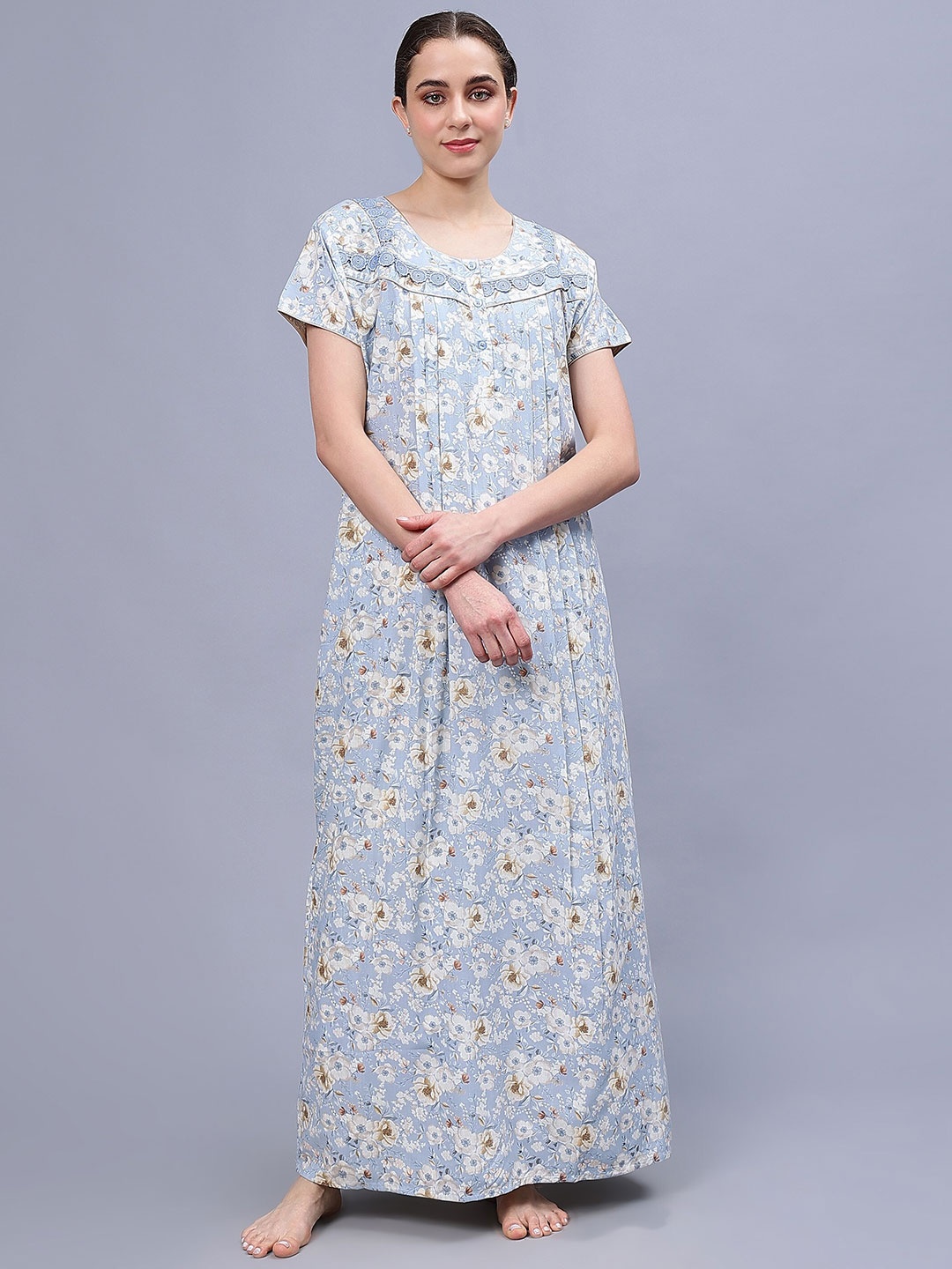 

NIGHTSPREE Floral Printed Pure Cotton Maxi Nightdress, Blue