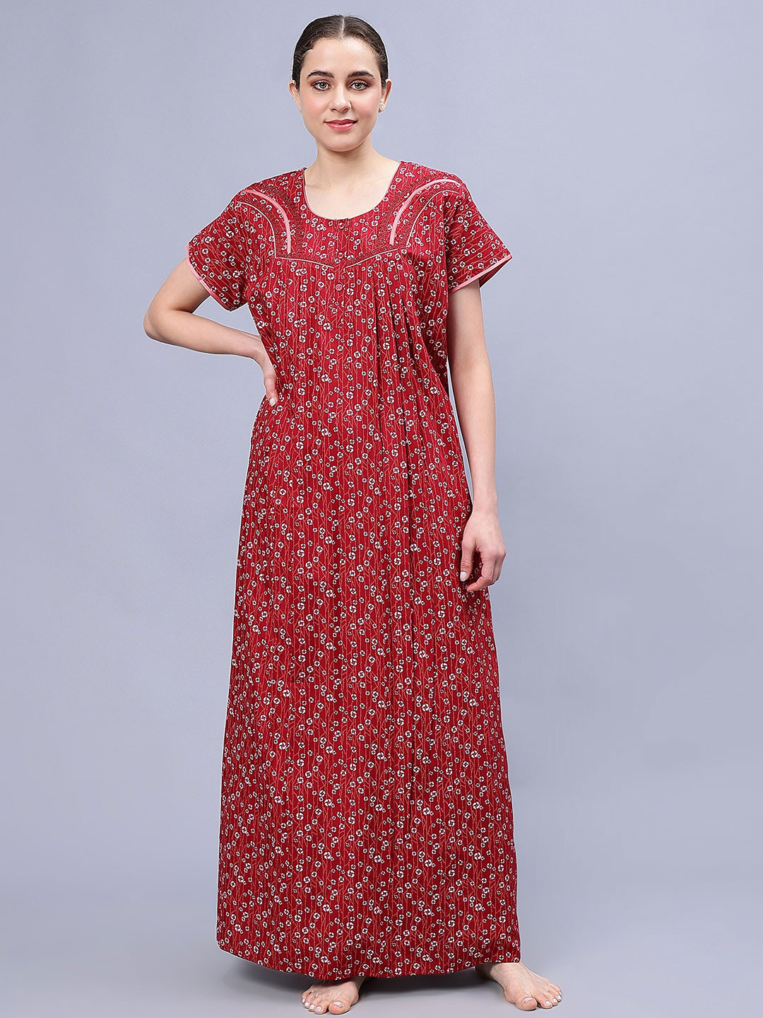 

NIGHTSPREE Floral Printed Pure Cotton Maxi Nightdress, Red