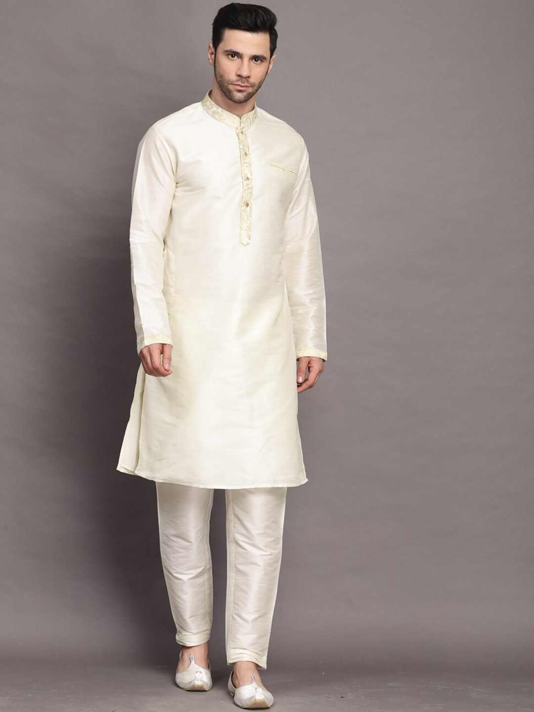 Utsav Fashion Mandarin Collar Art Silk Straight Kurta With Pyjama, Cream