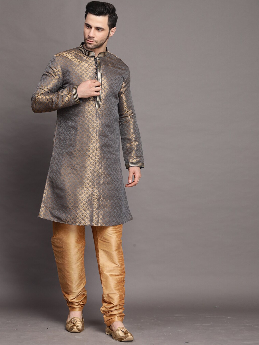 

Utsav Fashion Ethnic Motifs Brocade Art Silk Regular Kurta with Churidar, Grey