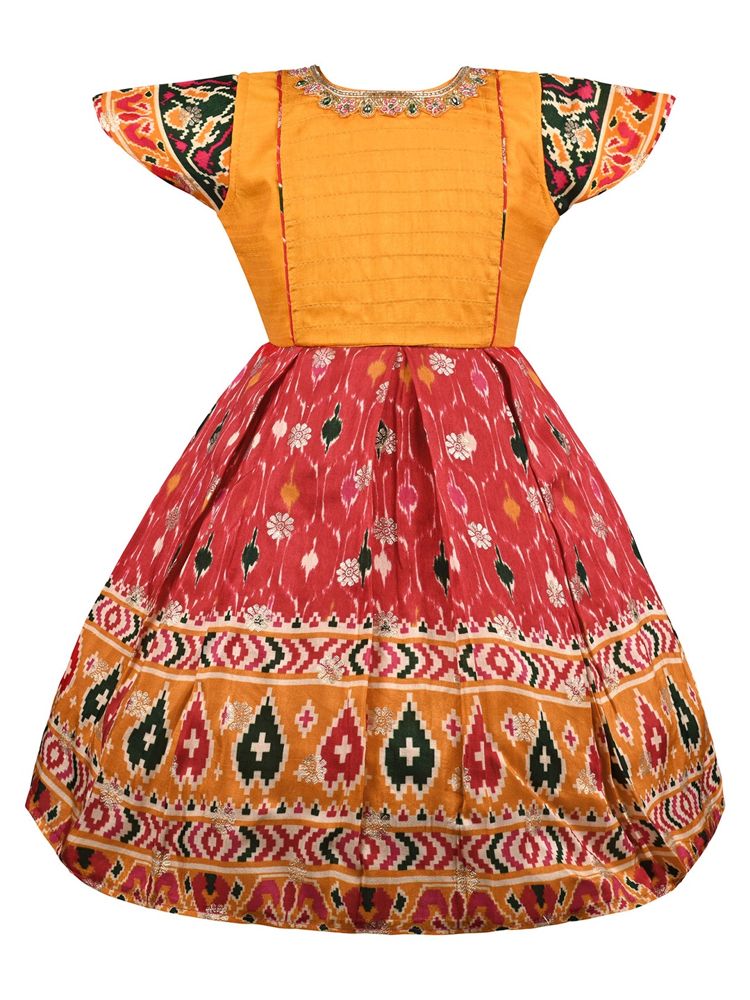 

Wish Karo Girls Floral Printed Embroidered Silk Fit and Flare Ethnic Dress, Mustard