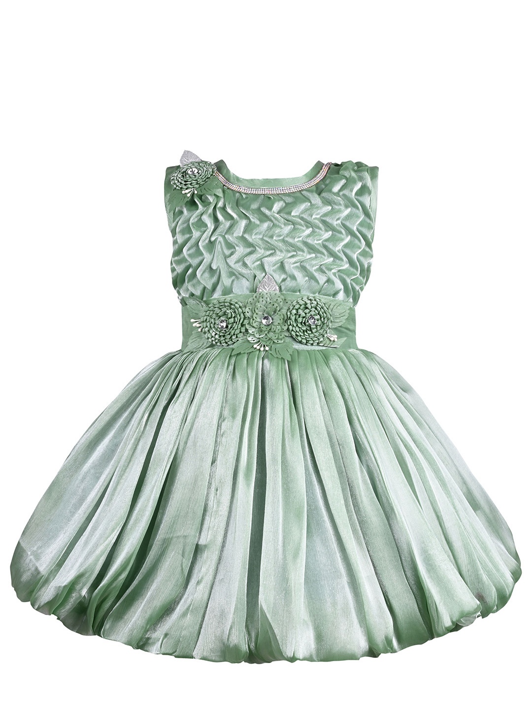 

Wish Karo Girls Embellished Smocked Net Fit & Flare Dress, Green