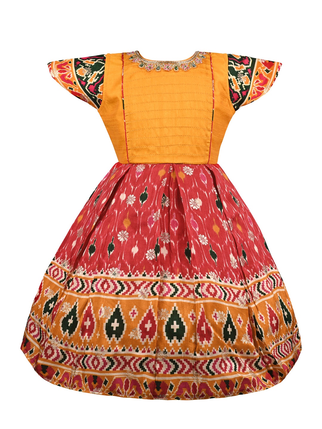 

Wish Karo Girls Floral Printed Embroidered Silk Fit and Flare Ethnic Maxi Dress, Mustard
