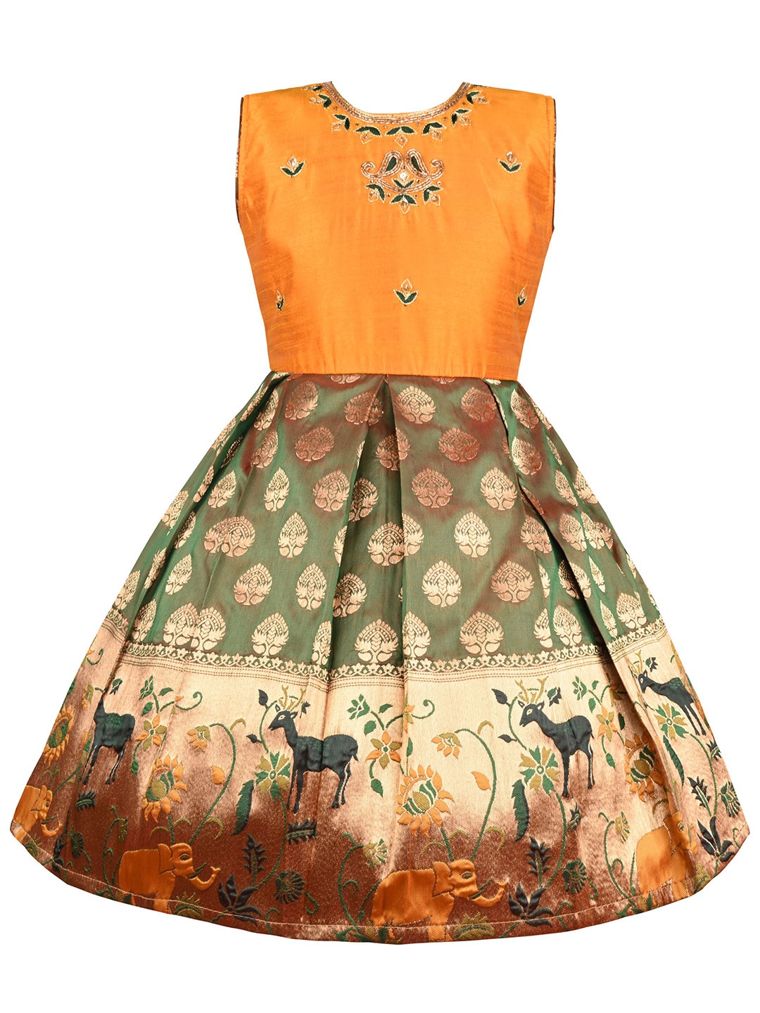 

Wish Karo Girls Ethnic Motif Woven Design Silk Fit & Flare Ethnic Dress, Mustard