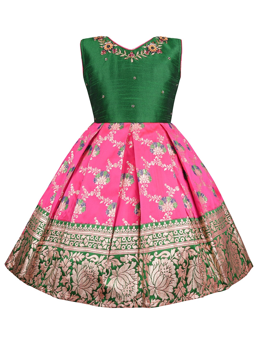 

Wish Karo Girls Floral Printed Silk Ethnic Maxi Dress, Green