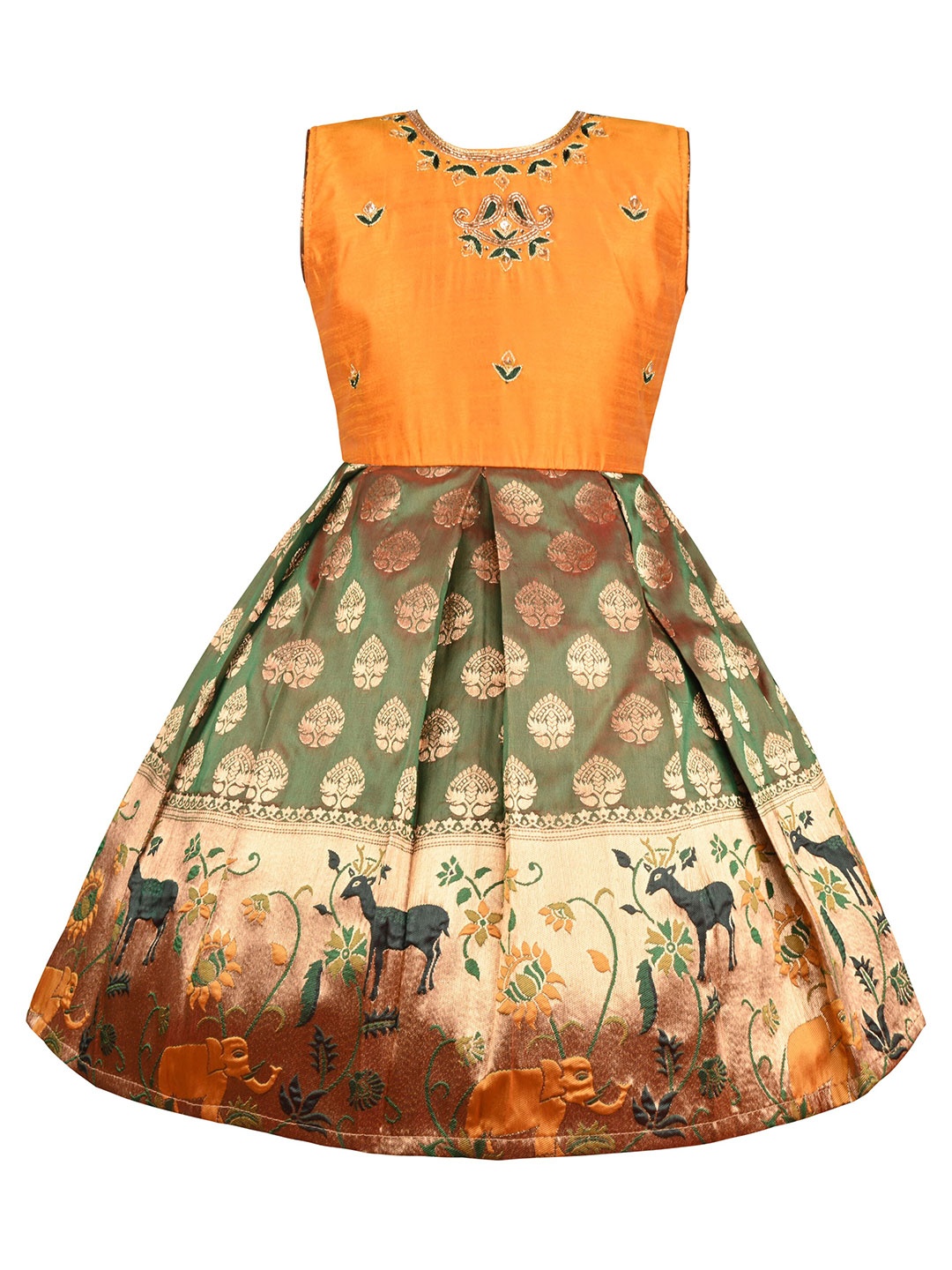 

Wish Karo Girls Ethnic Motif Woven Design Silk Fit & Flare Ethnic Dress, Mustard