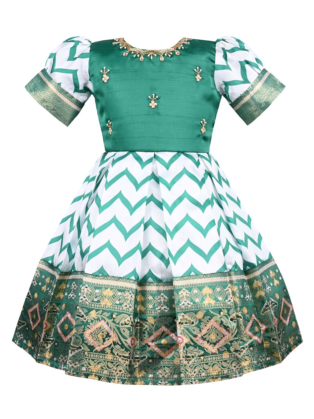 

Wish Karo Girls Chevron Printed Embroidered Satin Fit & Flare Dress, Green