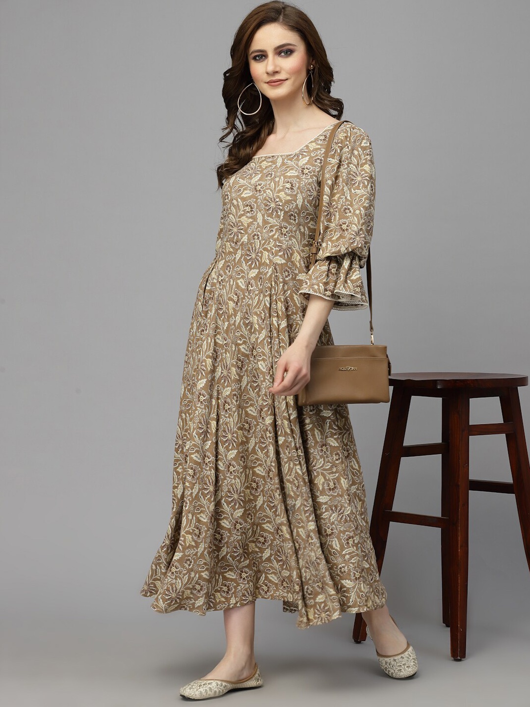 

Ragavi Floral Printed Square Neck Flared Sleeves Sequined Fit and Flare Maxi Ethnic Dress, Brown