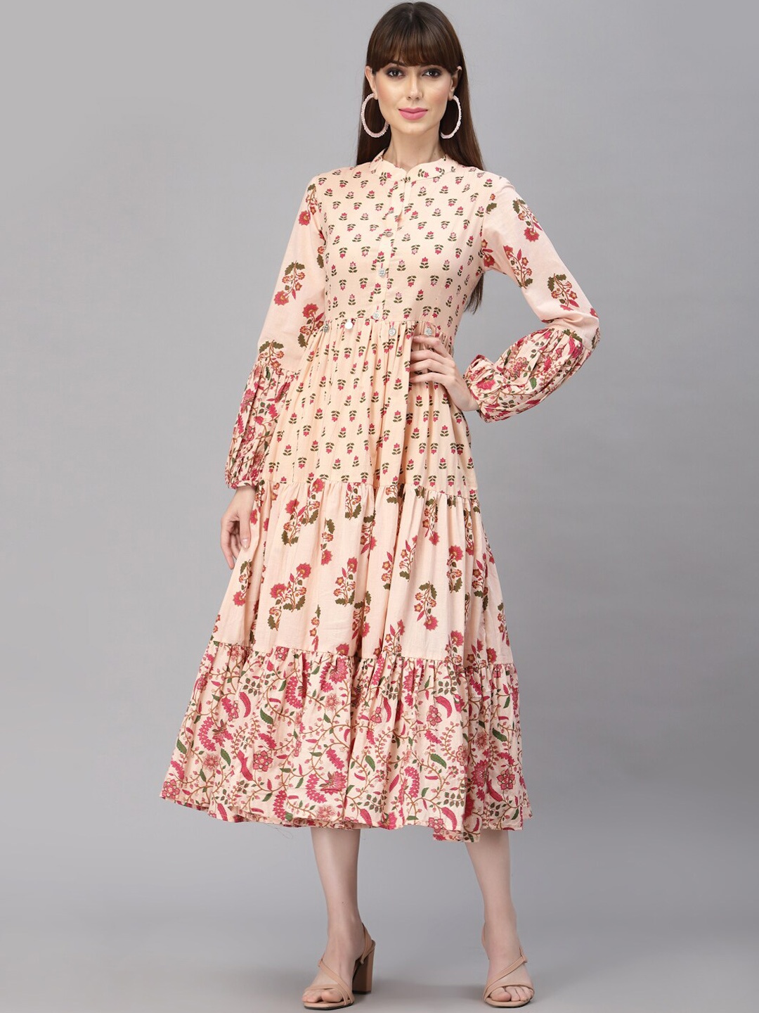 

Ragavi Floral Printed Mandarin Collar Puff Sleeves Cotton Fit and Flare Midi Ethnic Dress, Beige