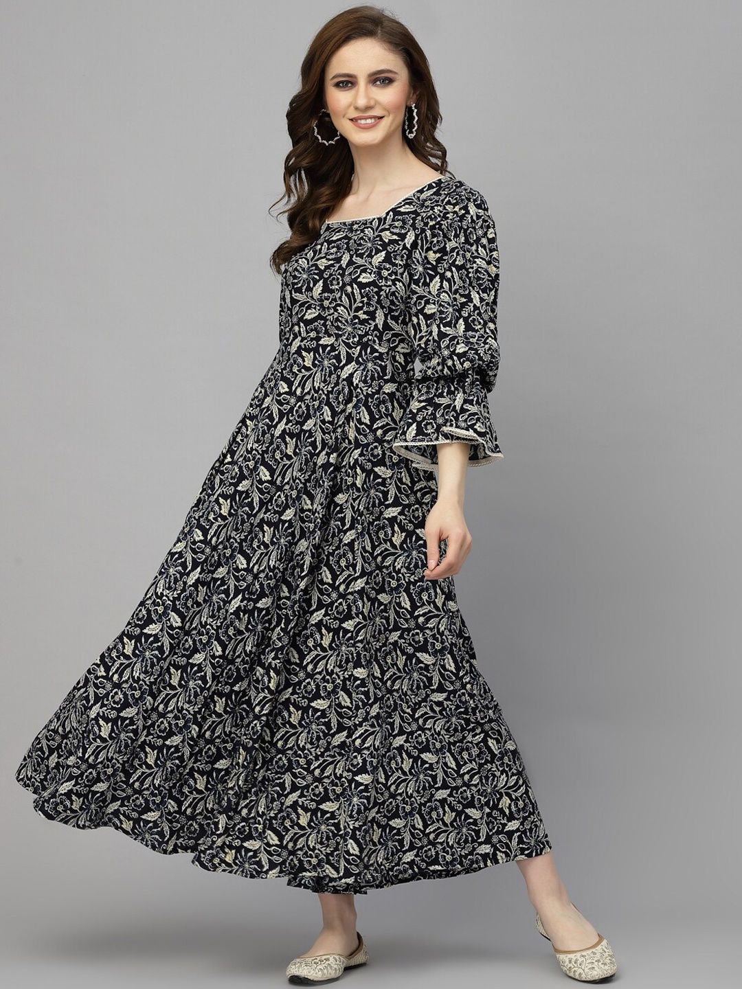 

Ragavi Floral Printed Square Neck Flared Sleeves Sequined Fit and Flare Maxi Ethnic Dress, Beige