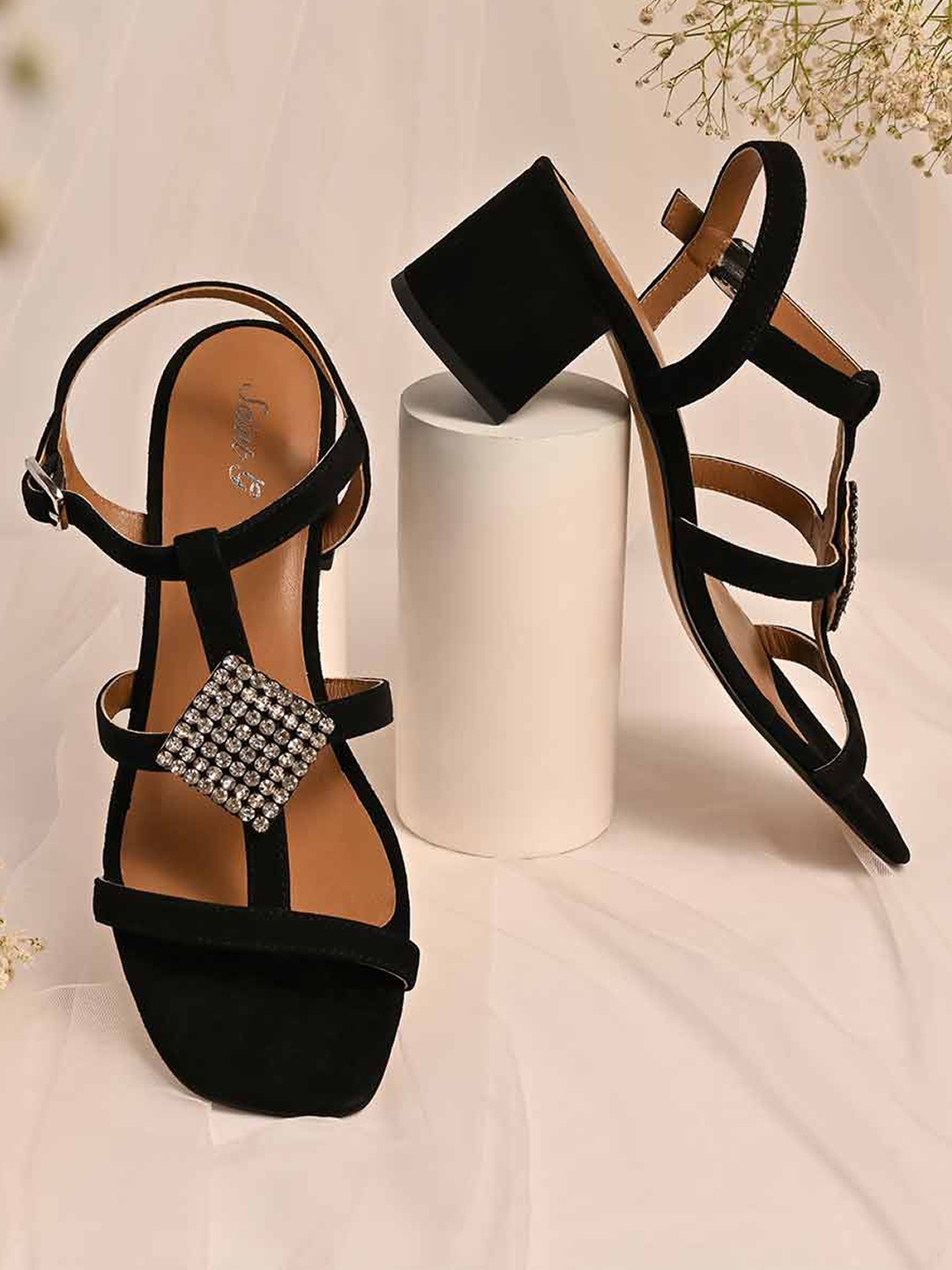 

Saint G Embellished Open Toe Leather Block Heels, Black