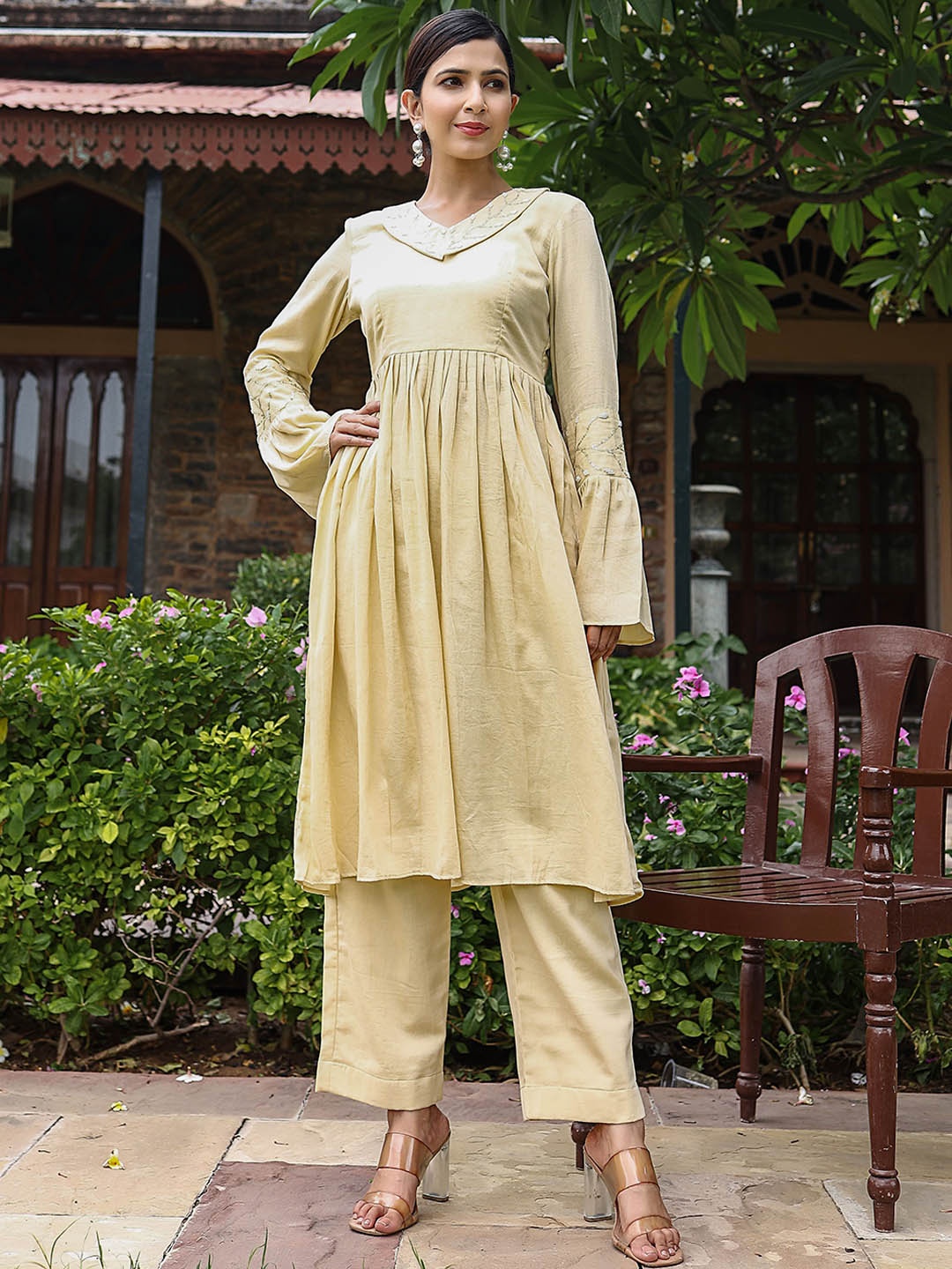 

Lirose Embroidered Pleated Sequinned Kurta With Trousers, Beige