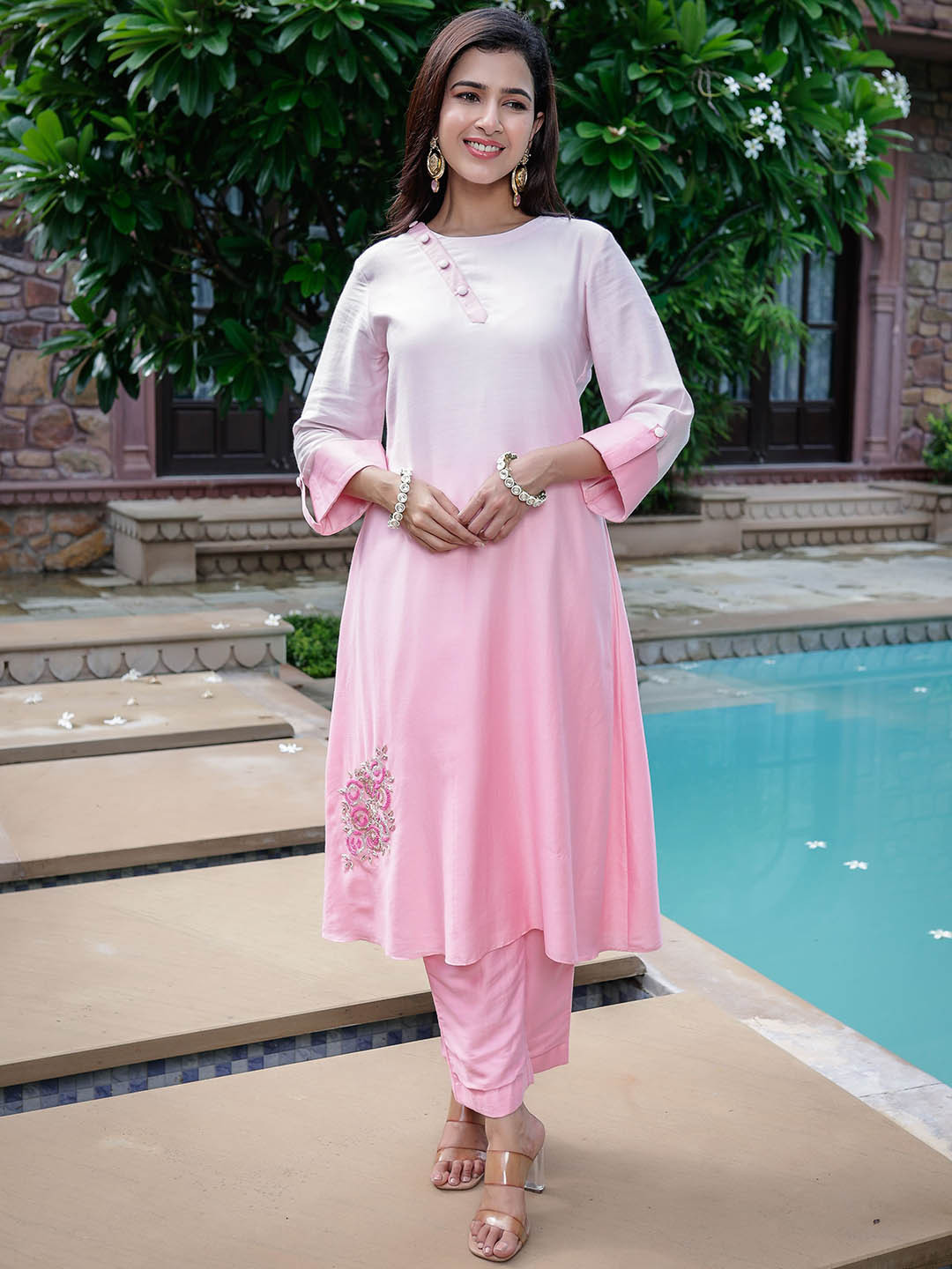 

Lirose Ombre Dyed Regular Kurta With Trousers, Pink