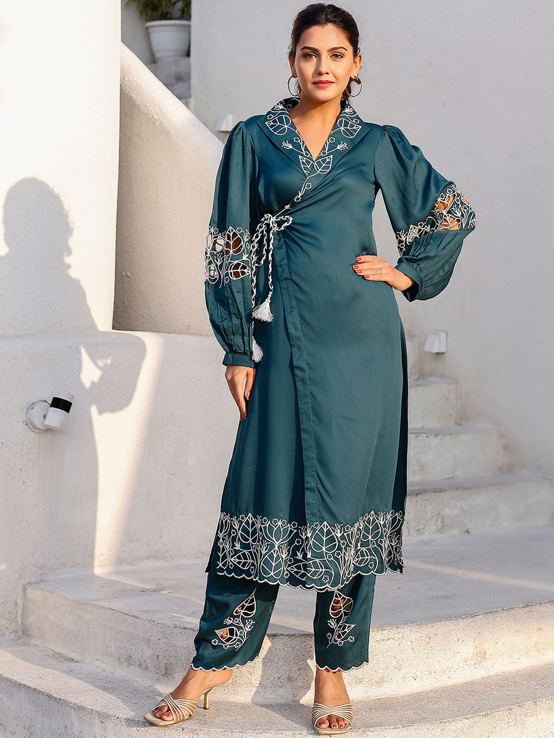 

Lirose Floral Embroidered Angrakha Thread Work Satin Kurta with Trousers, Teal