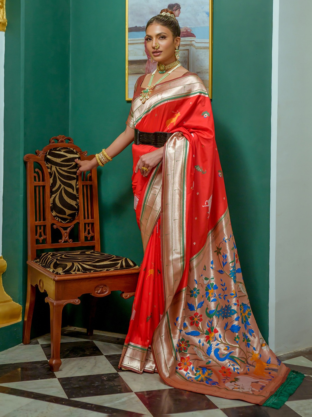 

Mitera Woven Design Zari Silk Blend Paithani Saree, Red