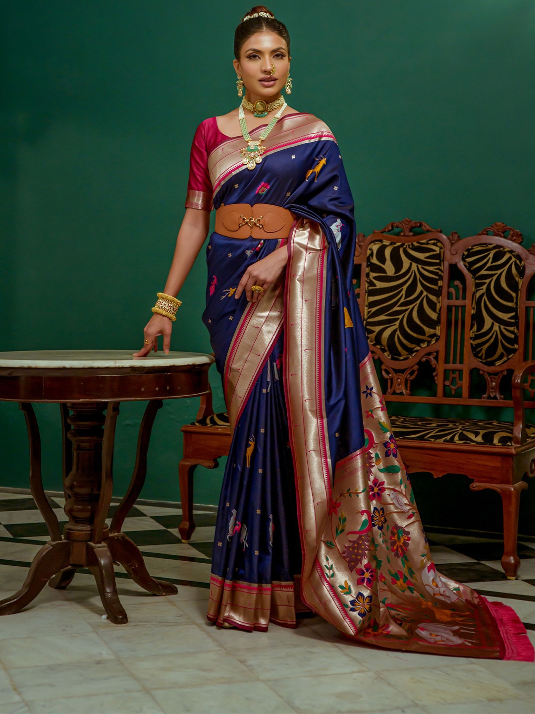 

Mitera Woven Design Zari Silk Blend Paithani Saree, Navy blue