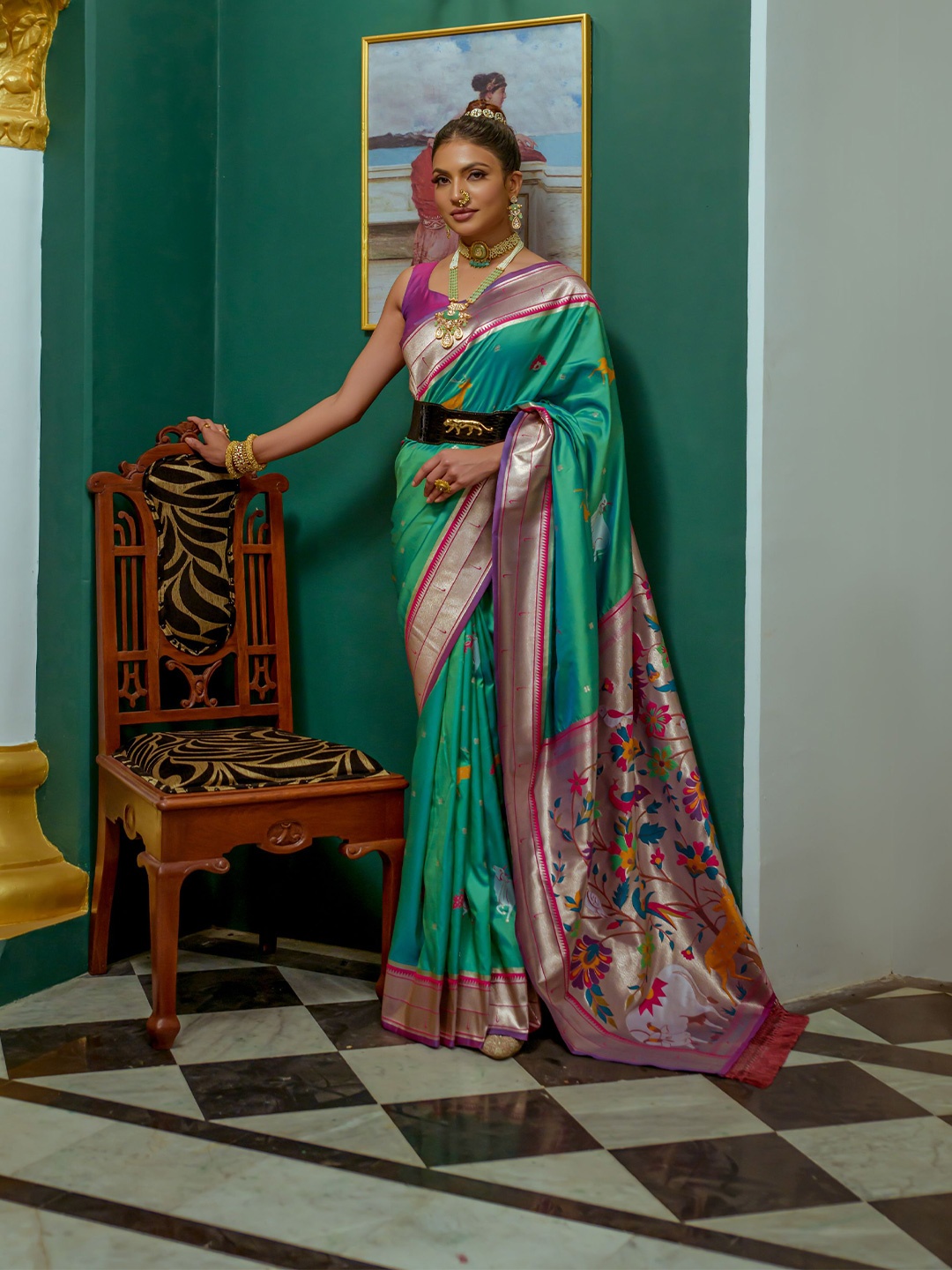 

Mitera Ethnic Motifs Woven Design Zari Paithani Saree, Teal