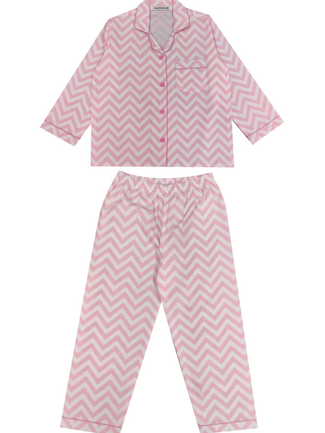 

shopbloom Kids Chevron Printed Lapel Collar Pure Cotton Night suit, White