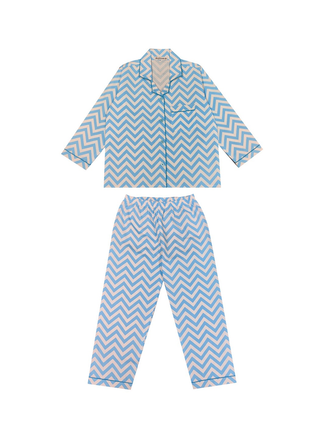 

shopbloom Kids Chevron Printed Lapel Collar Pure Cotton Night suit, White