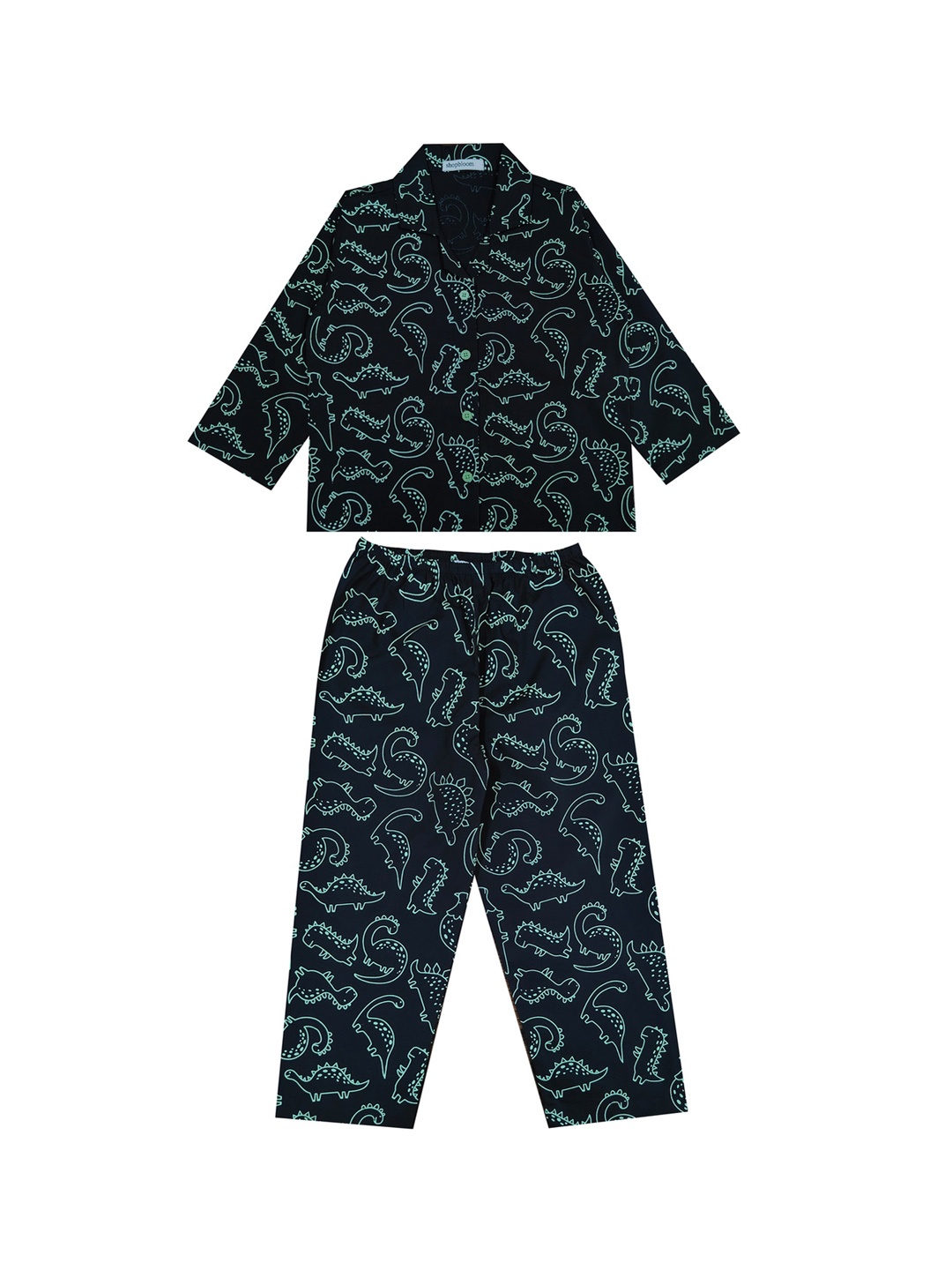 

shopbloom Kids Graphic Printed Lapel Collar Pure Cotton Night suit, Black