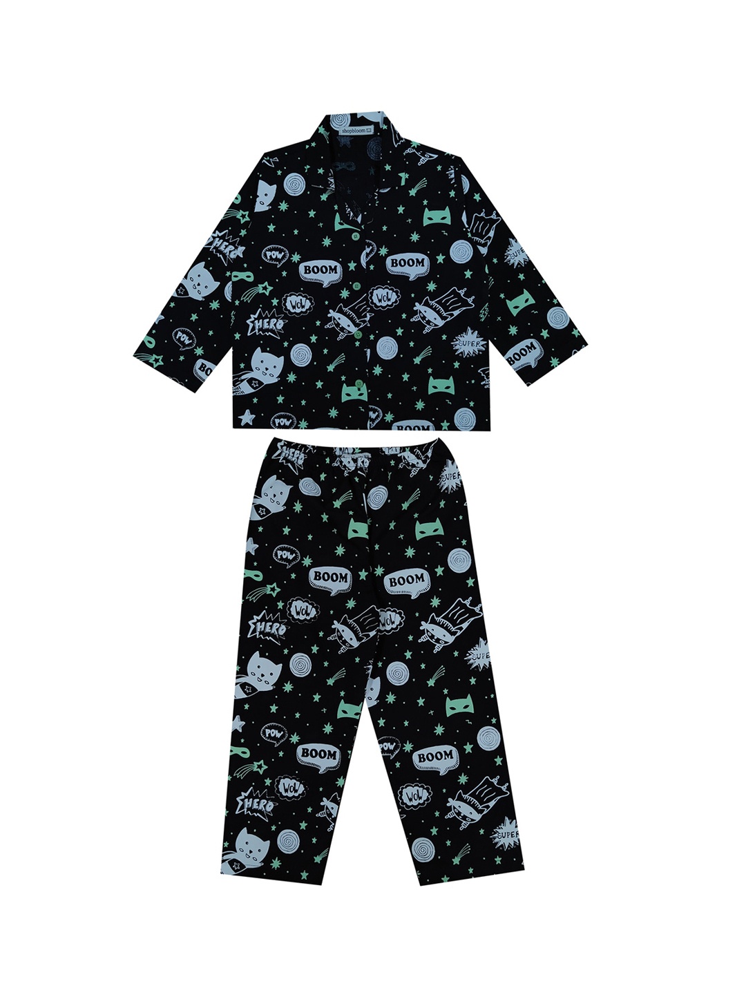 

shopbloom Kids Comversational Printed Pure Cotton Night suit, Black