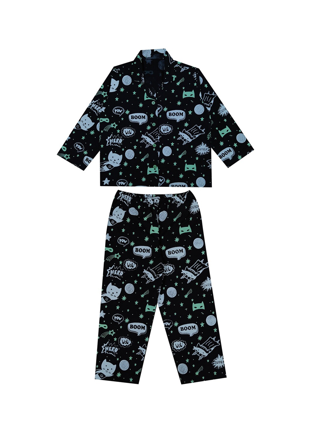 

shopbloom Kids Graphic Printed Lapel Collar Pure Cotton Night suit, Black