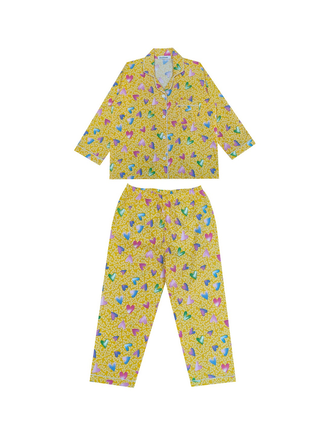 

shopbloom Kids Geometric Printed Lapel Collar Pure Cotton Night suit, Yellow