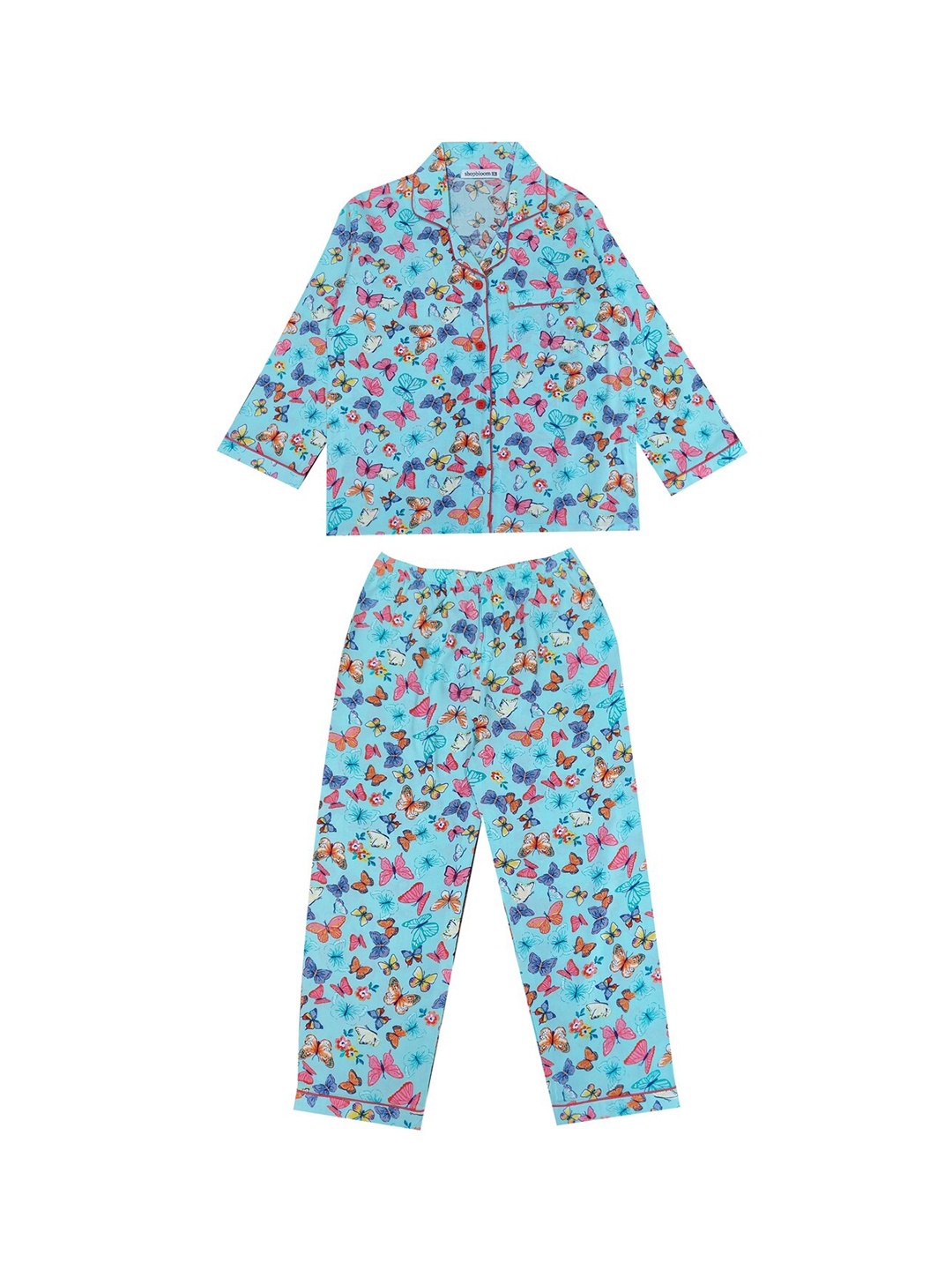 

shopbloom Kids Conversational Printed Lapel Collar Pure Cotton Night suit, Blue