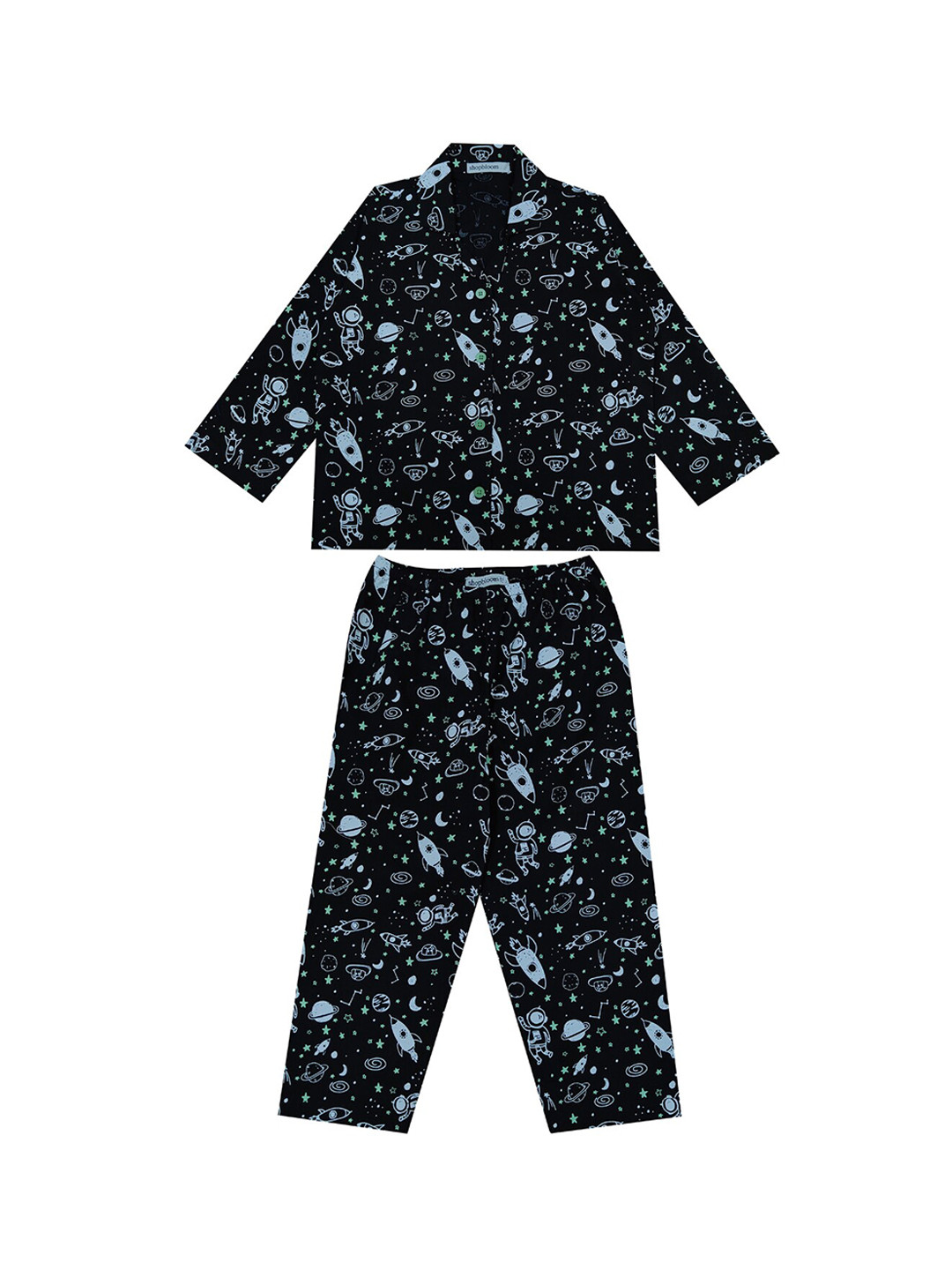 

shopbloom Kids Graphic Printed Lapel Collar Pure Cotton Night suit, Black
