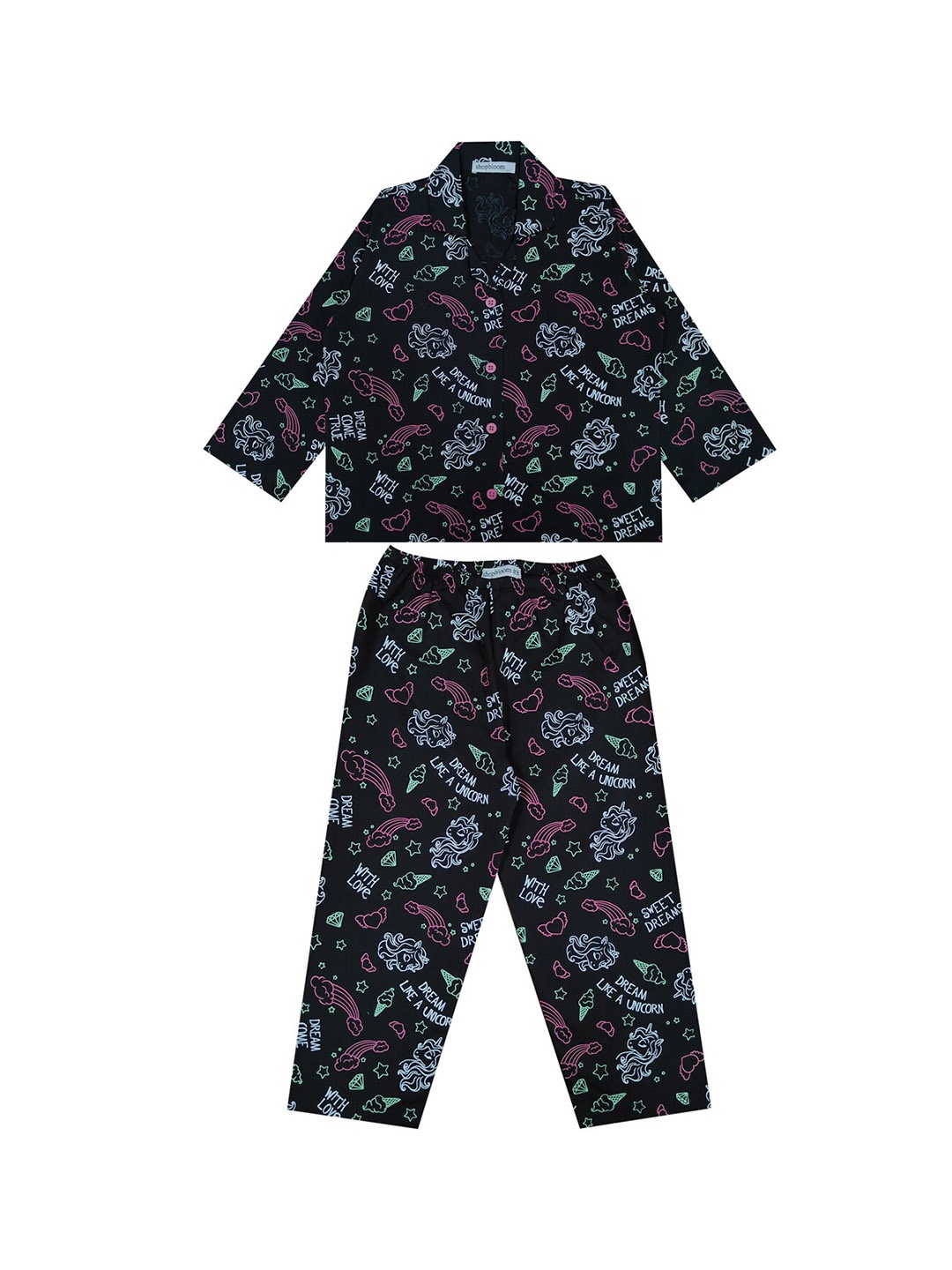 shopbloom Kids Glow In The Dark Printed Pure Cotton Night suit, Black