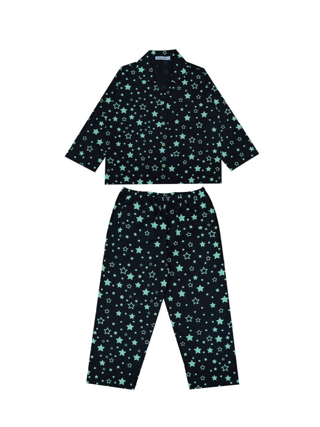 

shopbloom Kids Geometric Printed Lapel Collar Pure Cotton Night suit, Black