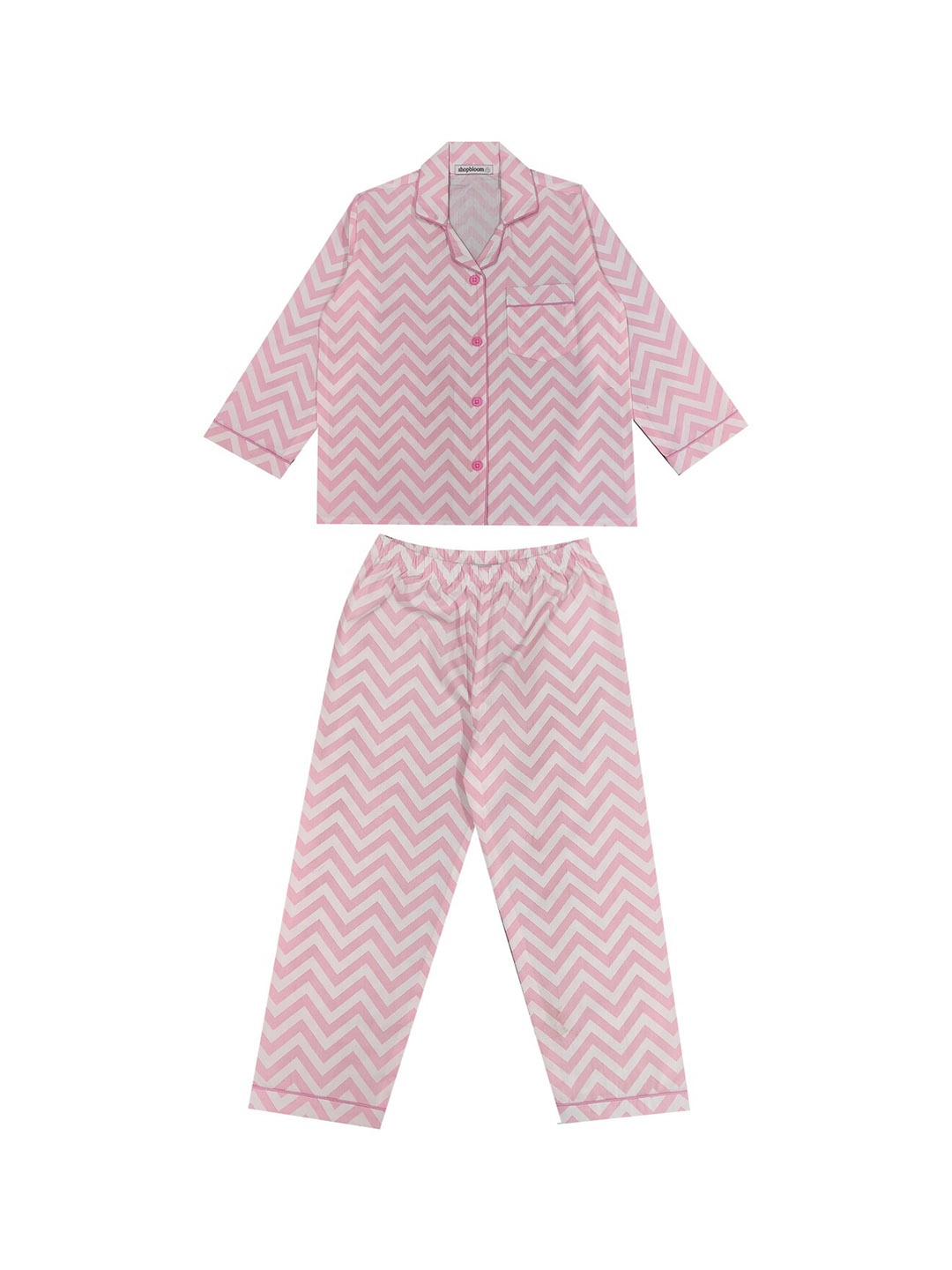 

shopbloom Kids Chevron Printed Lapel Collar Pure Cotton Night suit, White