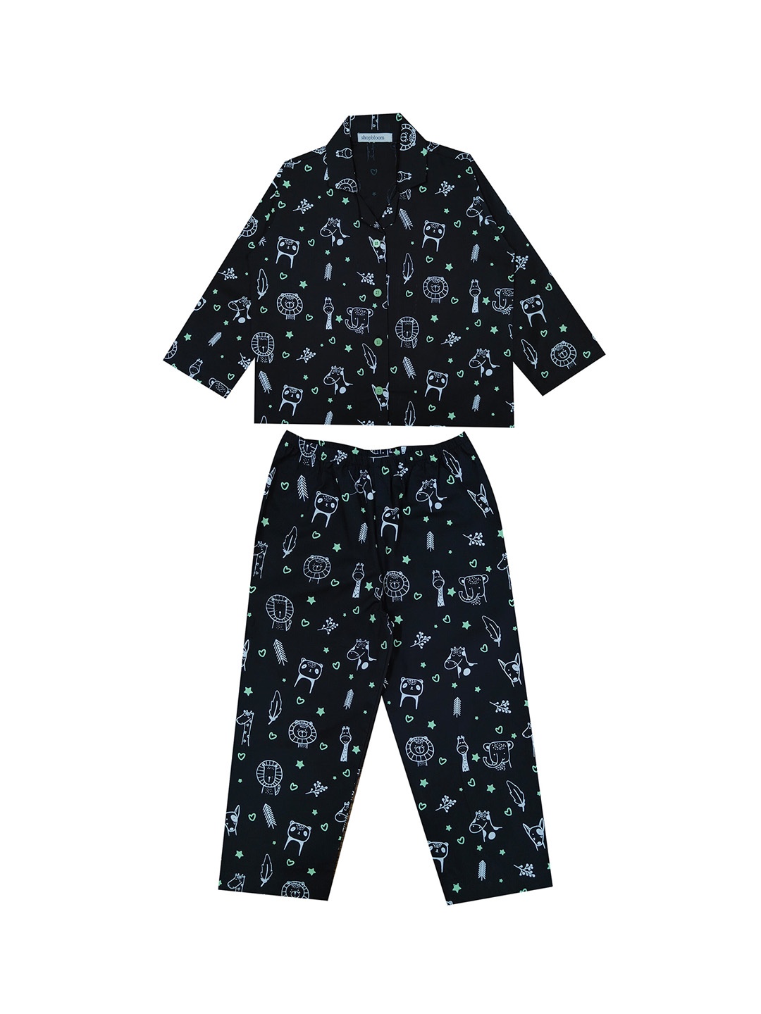 

shopbloom Kids Graphic Printed Lapel Collar Pure Cotton Night suit, Black
