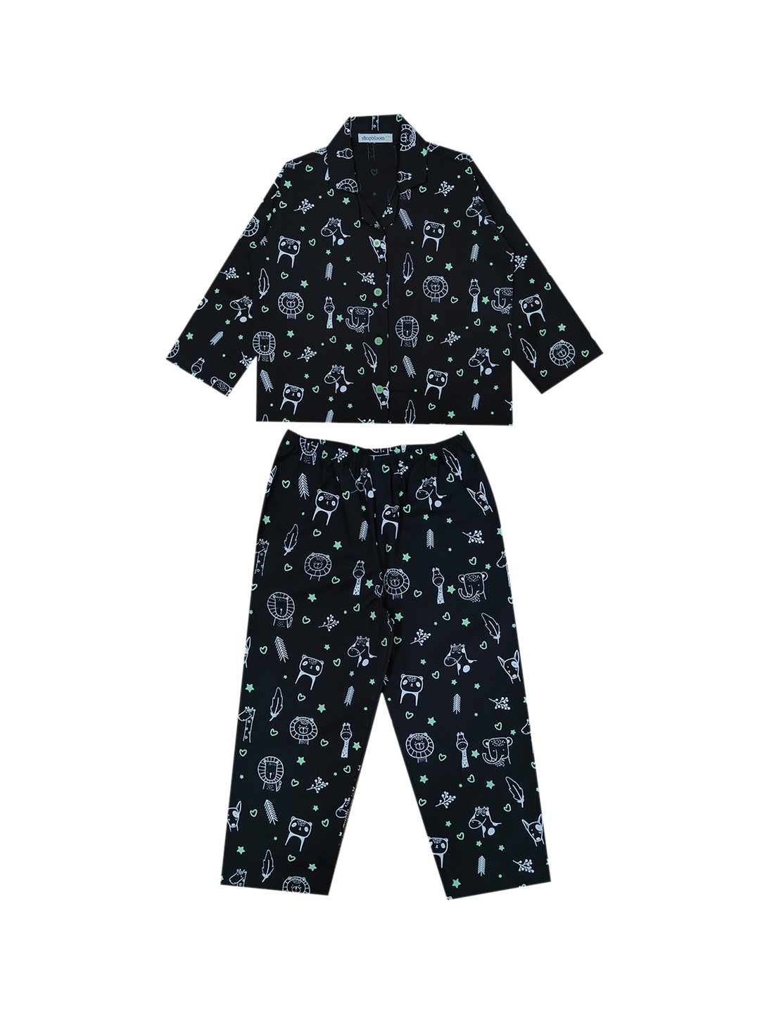 

shopbloom Kids Graphic Printed Lapel Collar Pure Cotton Night suit, Black