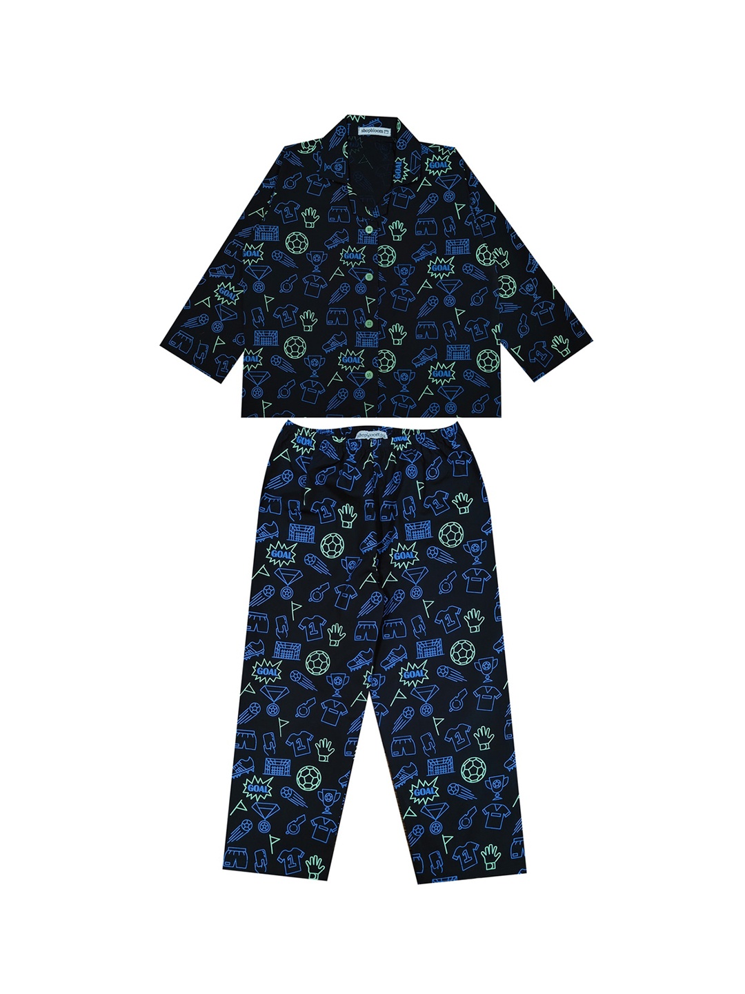 

shopbloom Kids Graphic Printed Lapel Collar Pure Cotton Night suit, Black
