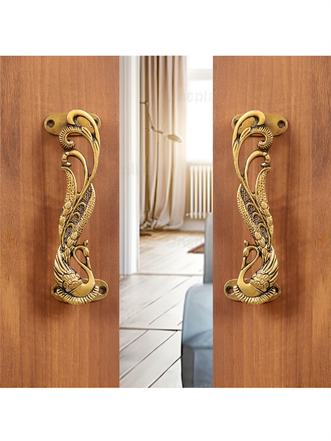 

Two Moustaches 2-Pcs Brown Peacock Design Brass Door Handle