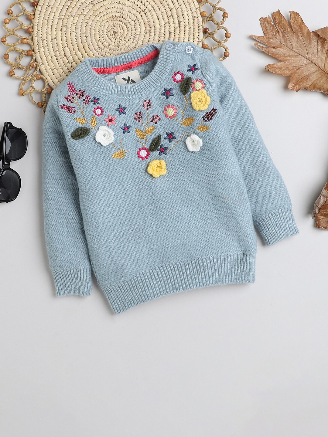 

Yellow Apple Girls Floral Embroidered Woollen Pullover Sweater, Navy blue