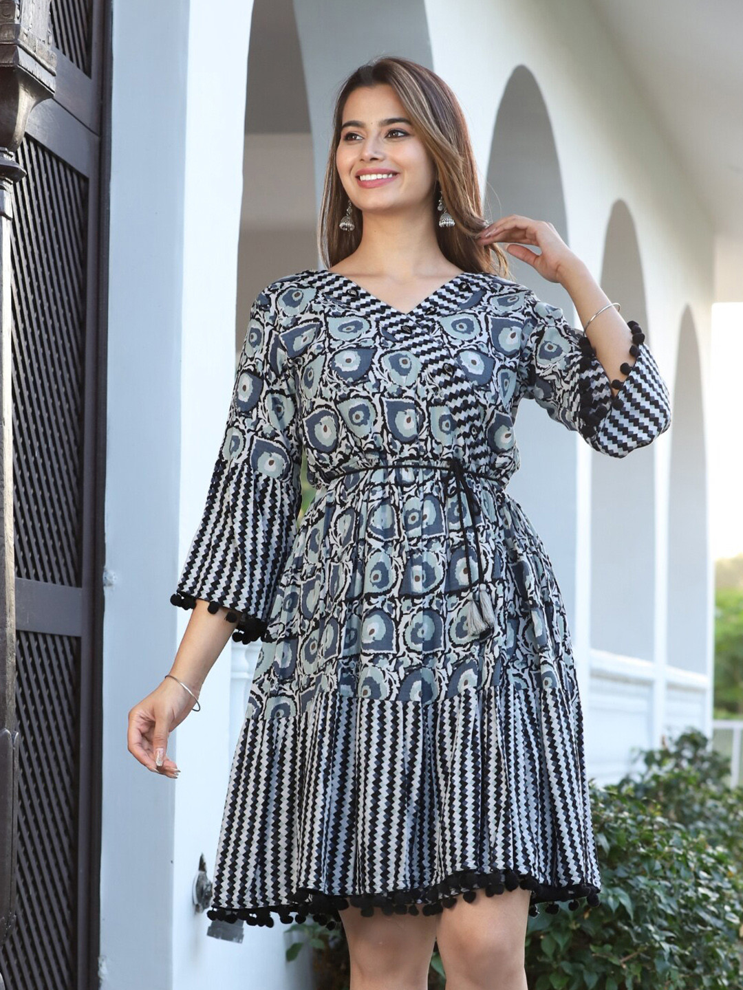 

KALINI Floral Printed Bell Sleeve Fit & Flare Dress, Black