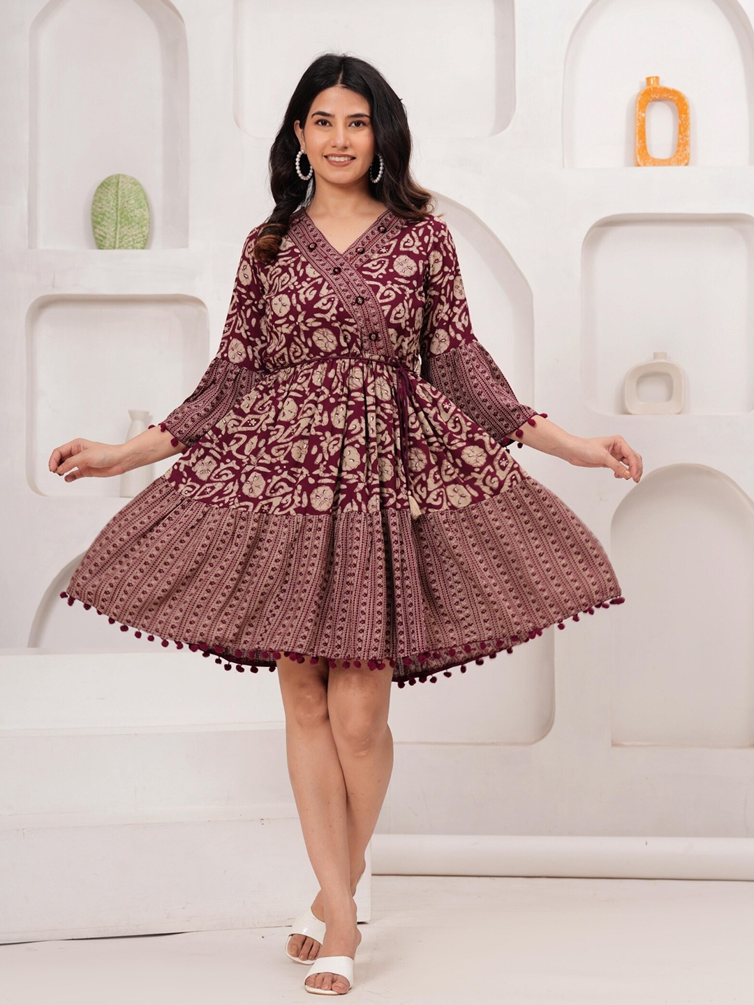 

KALINI Floral Printed Bell Sleeve Fit & Flare Dress, Maroon