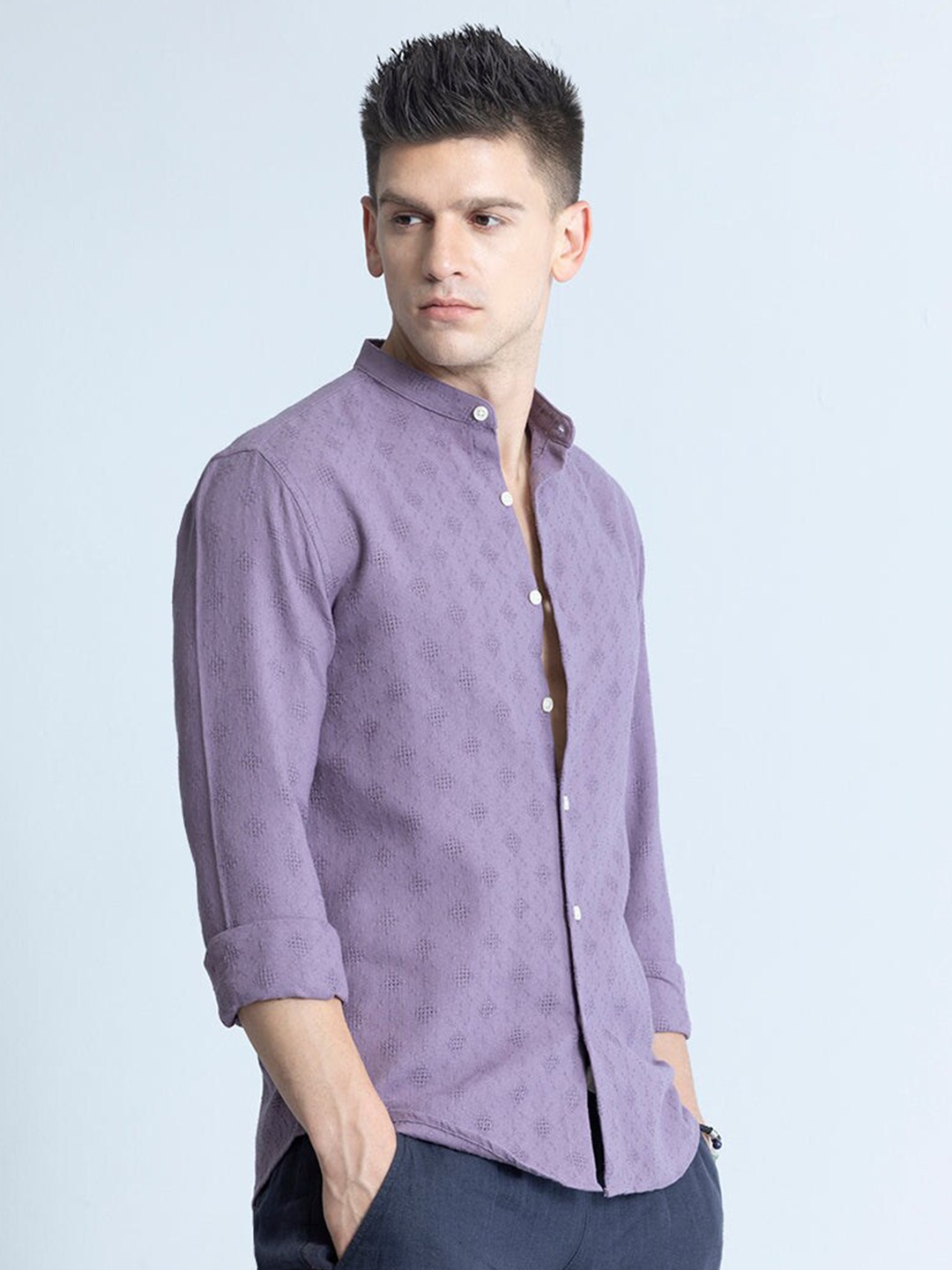 

Snitch Purple Classic Slim Fit Self Design Band Collar Pure Cotton Casual Shirt