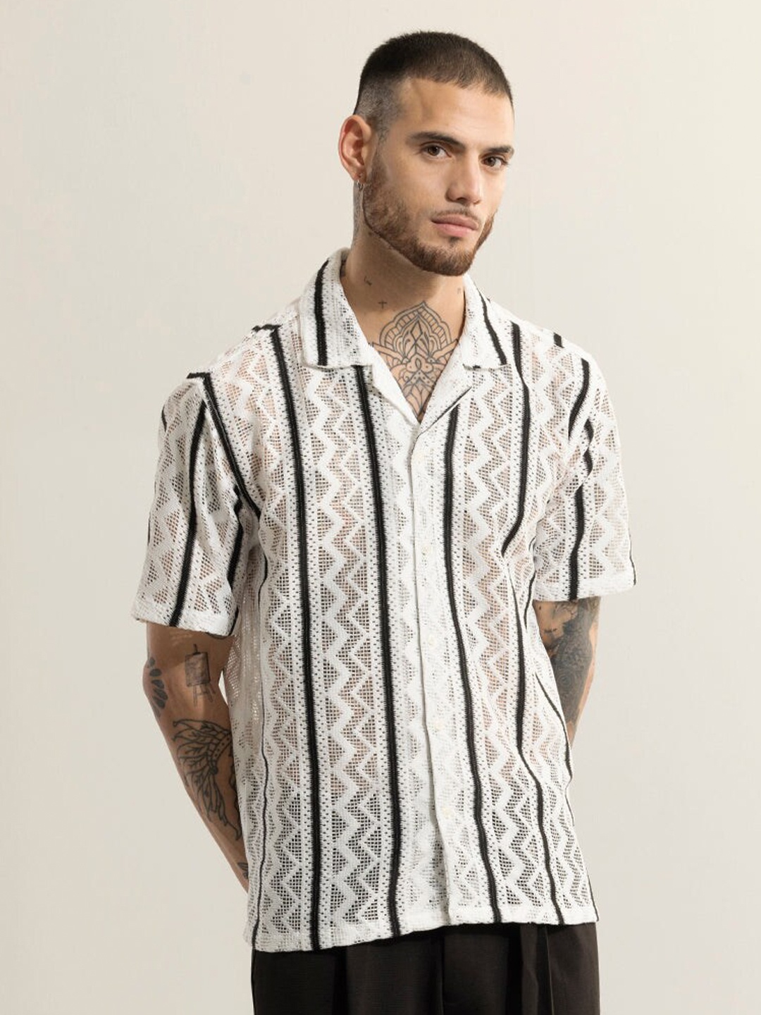 

Snitch White Classic Boxy Self Design Cuban Collar Casual Shirt