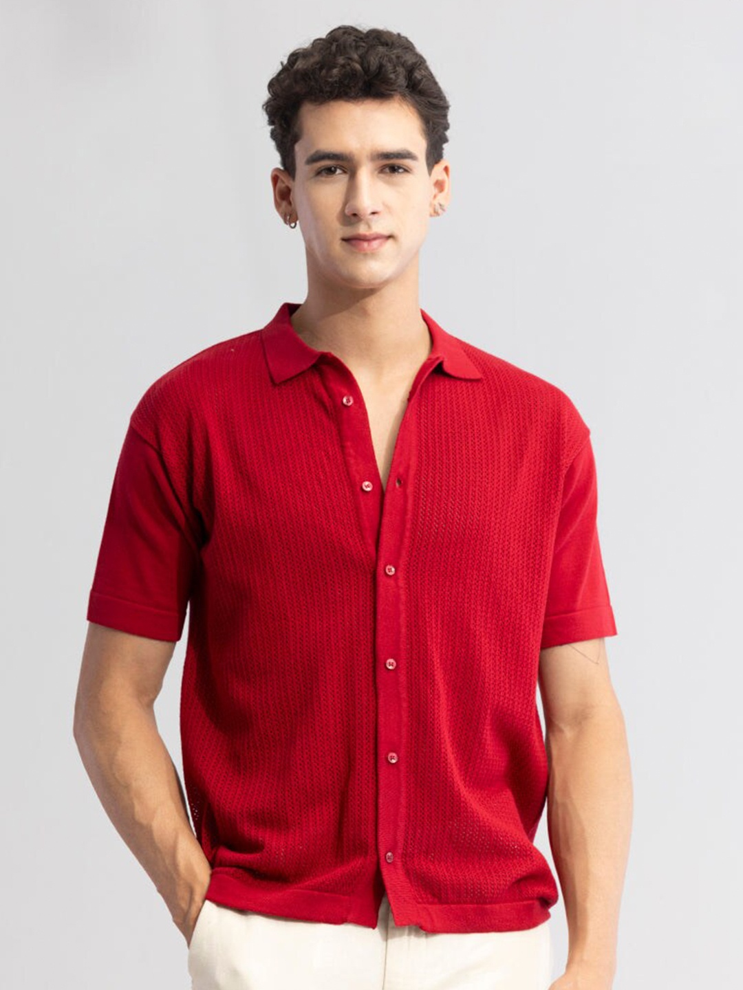 

Snitch Red Classic Self Design Casual Shirt